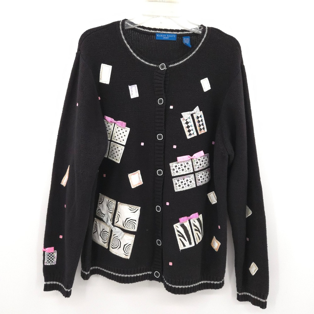 Karen Scott Holiday Cardigan Sweater Women XL Black Gift Sequin Bow Novelty